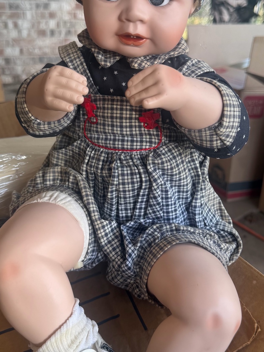 Vintage-Style Baby Doll in Navy Plaid Outfit with Red Appliqué